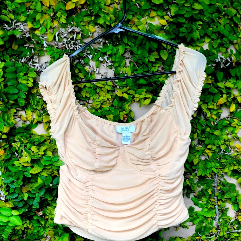 Off the shoulder meshed nude colored crop top